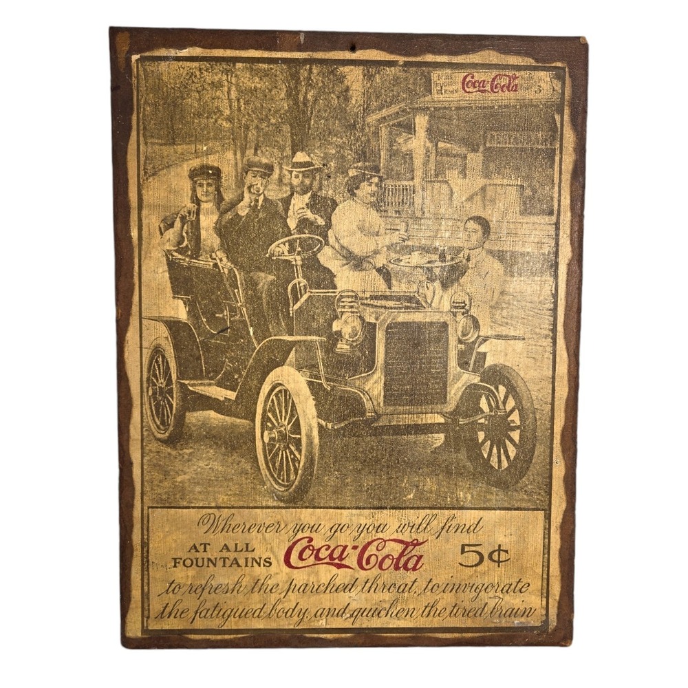 Vtg Coca Cola At All Fountains Model T Car Poster Wood Wall Hang Art 14"x 10.5"